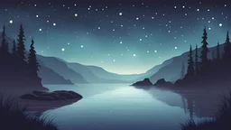 vector graphic of a cozy mist loch ness where the sky is filled with stars