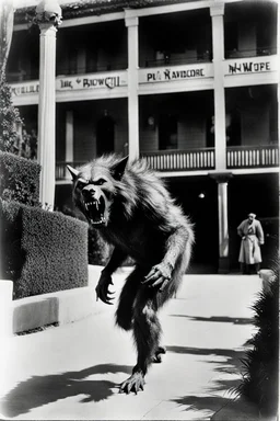 Photograph of a werewolf prowling a Hollywood movie lot. B/w, date approximately 1922.