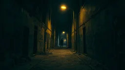 A dimly lit, moody alleyway at night, with crumbling old buildings on either side. The walls are covered in graffiti, telling stories of a vibrant, yet troubled community. A single streetlight casts a weak yellow glow, illuminating the cobblestone pathway. In the distance, a silhouette of a mysterious figure can be seen, adding to the sense of intrigue. The atmosphere is tense, as if something is about to unfold.