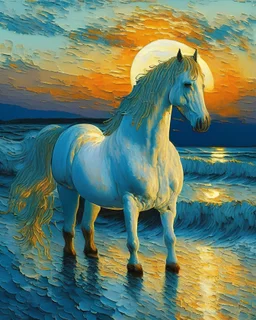 a white horse sits in the sea, sunset, Van Gogh