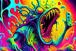 Colorful and psychedelic illustration of an acid slime creature jamming to music. Digital art, vibrant colors, surreal, music-themed