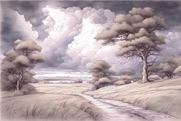 summer thunderstorm, Trees, , Dark Clouds, Bad Weather, June, wet in wet Modifiers: beautiful Arthur Rackham Jean-Baptiste Monge Josephine Wall Thomas Wells Schaller shabby chic Pencil and pastel sketch pastel patchwork line art