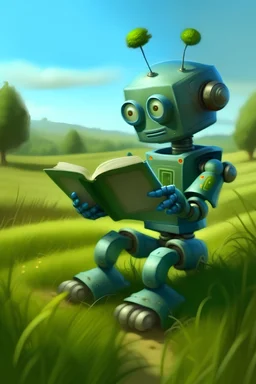 buatkan saya robot pononoid sedang membaca buku pemandangan perdesaan