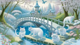 in the center: beautiful chunky white cats playing on a bridge with grey mice, under the brigde flows a small blue river; background: landscape, first plan: pink flowers: white clouds in shape of cats, season: winter and snowfall