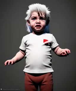 Pedro almodovar toddler, full body, white hair, diagonal shirt, dramatic lighting, hyper realistic