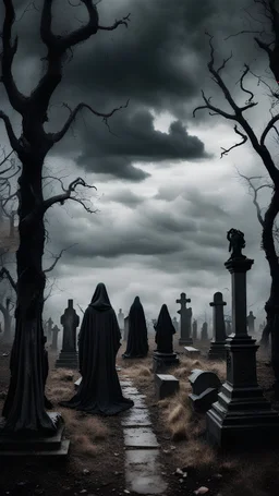 Many scary figures in black mantles in the center, around the sides of the scary old cemetery, gloomy forest, dead trees, black clouds, an atmosphere of horror