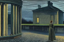 A woman waiting outside a temple at dusk by artist "Paul Delvaux"