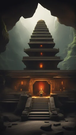 temple with a great status all around in un underground dark cave