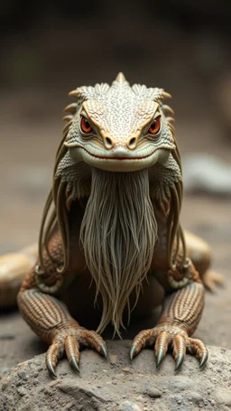 Lizard front view with human look face and long hair and beard looks like an ancient Sumerian gods