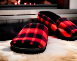 Red plaid slippers, laying on a fur black rug, by log cabin fireplace