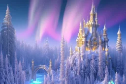  white and gold crystal castle，waterfall, winter snow flakessnow, northern Lights, full of details, smooth, bright sunshine，soft light atmosphere, light effect，vaporwave colorful, concept art, smooth, extremely sharp detail, finely tuned detail, ultra high definition, 8 k, unreal engine 5, ultra sharp focus