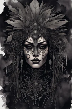 portrait vantblack pouring Acrylic an cyberpunk shaman woman extremely textured botanical-metal faced portrait with a voidcore metal gothica headdress with metallic filigree gothica ornaments around onix stones mineral stone metallic watercolour an black ink filigree silver voidcore shamanism foral ornaments plants and tree branches black ink on half face masque gothica filigree voidcore athmospheric organic bio spiral ökoart creepy stunning