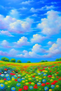 impressionism nature peace communication compassion tranquility blue sky meadow fluffy clouds flowers monet