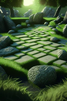 brilliant raytraced stone labyrinth with green grass, 4k, nvidia graphics, volumetric light, depth of field, autumn