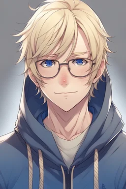 Anime man with glasses, messy blonde hair, wearing a hooded sweatshirt, slight smile, realistic