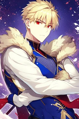 Gilgamesh from Fate Stay Night, blond hair, red eyes, male, wild look in his eyes