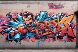 a graffiti mural wall with the word cell street fighter 6 style