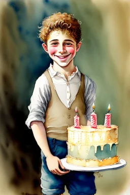 A cute smiling jewish boy is holding a lion and a birthday cake. Watercolour