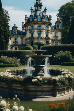 a victorian castle full with flowers anda fountain