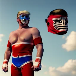 Realistic image of Donald trump wrestler, Mexican wrestling style, Mexican eyes wrestling mask, red and blue breeches, suspenders, retro style, 80s, vibrant color, highly detailed, sky background, concept art, unreal engine 5, god rays, ray tracing, RTX, lumen lighting, ultra detail, volumetric lighting, 3d, finely drawn, high definition, high resolution.