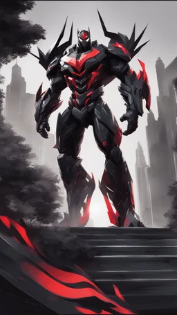 A close picture to Mix between transformers and venom symbiote in solo leveling shadow art style with red details detailsis in fantasy world
