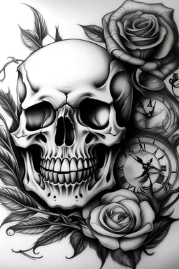 Narysuj mi czaszkę wyłaniającą sie z rozy owinieta szarfa z napisem memento mori i zegar z okiem