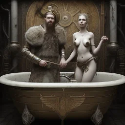 A viking and his wive having a bath, scary, steam punk, realistic, made in octane, cinematic, ultra-realistic, extremely detailed octane rendering, 8K, VRAY Super Real ar 2:3, dof photorealistic futuristic 50mm lens hard lighting dark gray tintype photograph, realistic lighting, sepia color