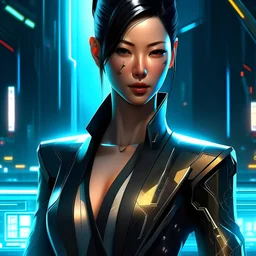 A high-ranking executive in a cyberpunk setting, exuding an aura of power and sophistication. She is of Japanese descent, with sleek, sexy futuristic attire.