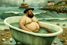 A fat man wearing a hat, is in a bath tub, by a light house, by andrea kowch, holding a umbrella, inspired by andrew wyeth. A rustic harbour, with ships docked is nearby. The Beach is covered with sea shells, crabs and lobsters.There are rain clouds and everything looks as if done in watercolors victo ngai, matisse, monet, catrin welz-stein, vladi