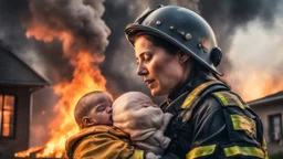 Hyper Realistic Photographic-Close-view of a firefighter-mother with her uniform carrying-protectively-her-crying-baby outside her burning-home with cloudy-sunset-behind showing dramatic & cinematic ambiance