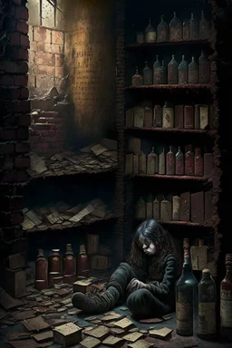 A dark, dingy brick dungeon, with a shelf containing six vintage bottles of various sizes with labels of pain and memories, with one young girl sitting on the floor in tears with a pile of books