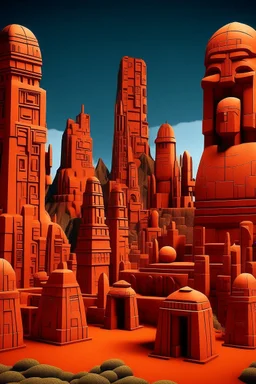 A dark orange colored city with tool shaped buildings designed in Moai statues