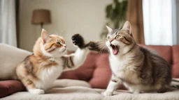 Two Funny cats on the sofa fighting