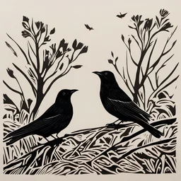 Two blackbirds in Scotland painted by fine linocut