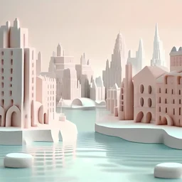 city and river water, in 3d clay animation style, calm white and pastel background