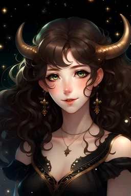 Anime portrait of a beautiful elf with brown curly hair, pale skin, and black eyes, super giant breasts, wearing a black dress made of stars with an hourglass necklace around her neck and short black horns on her head.