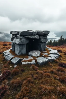 An ancient Norse horg in the Scandinavian wilderness: a low, rough stone altar made of irregular granite rocks, stacked without mortar. The stones are weathered, some darkened by soot from old fires. The horg stands on a small hill overlooking fjords and pine forests, surrounded by moss, heather, and wind-bent grass. Early morning mist drifts through the scene, cold northern light, overcast sky. No buildings, no people, only raw nature. Sacred, quiet, and timeless atmosphere. Cinematic realism,