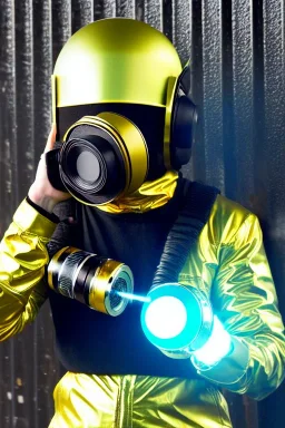 Metallic Cyber-punk style camera-mask and headphones. Large fencing mask covers cheeks. Trim man. Reflective plastic body surface, golden skin, full-coverage. Head full of integrated old-fashioned cameras and old telephones. Golden to cyan surfaces body. Perfect body, thick thighs and calves. Selfie, Selfies, mirror. Camera lenses cover the body. Mathematical equations, Euclidean 3D-tiling, Escher tiling. Soviet propaganda in 1990's. Cables in head. Daft Punk. Matrix.