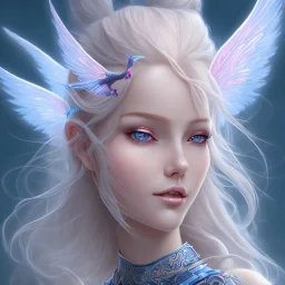 fée du nord, visage souriant, fantasy, grands yeux bleus foncés, cheveux long blond, bleu et rose, ailes