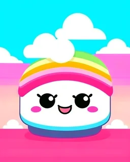 kawaii cupcake with smiling face minimalist vector, beautiful kawaii background with rainbow,candyland landscape simple