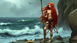 Two nude, red-haired women with long, flowing hair standing on a rocky shore with a stormy ocean in the background. The women are holding spears and appear to be mythical or fantasy figures