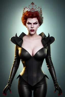 Hannah Waddingham as evil queen in black leather, busty, cleavage, voluptous, rebecca Welton, angry, stern look. character design by cory loftis, fenghua zhong, ryohei hase, ismail inceoglu and ruan jia. unreal engine 5, artistic lighting, highly detailed, photorealistic, fantasy