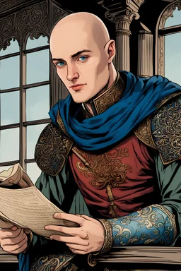 Young adult nobleman, bald, blue eyes, reading a scroll, on a balcony