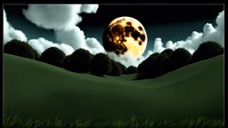 giant virtual moon, maximum quality, centered on frame, far view, in the middle of a grassy hill, white sky with cumulonimbus