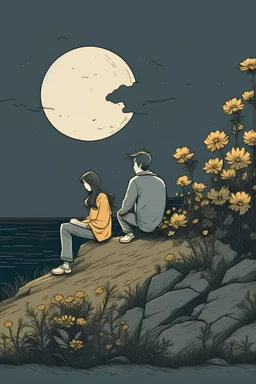 A pic of a person sitting depressed and looking at the moon on a cliff while his partner if turning her back on him and walking away from him with dead flowers in her hand