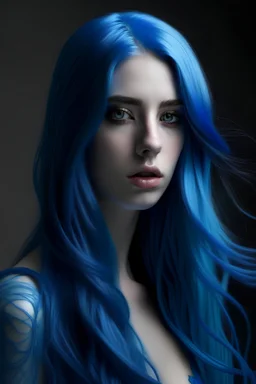 Hyper realistic model with long blue hair and blue eyes
