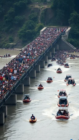 Thousands of people crossing a bridge that caused the bridge to collapse in the water, many boats are rescuing people