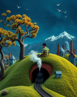 Created with Bing / Dall-E 3 option, using variations of the prompt below. ♨️ Prompt: (((Magritte, Klimt, Miró effect))). Monolithic man, Blue/yellow checkered suit, black hat, red hair, sitting on a grassy mound. Steam locomotive approaching a red brick tunnel under the mound. Surreal helix trees with green/orange foliage. Metallic blue crooked dwellings with cracked glaze and smoking stacks. A dark blue sky with flying birds and snow-capped mountains. Ultra Detailed, 3D, 16K. Modern Surrealism
