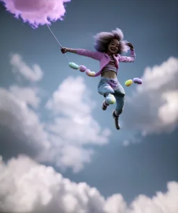 Ultra realistic clouds sky scene, wide angle, medium shot view, sweet childs, color smoke fog, free jumping flying, trinkets, monster hair, hair monster, jelly beans, balls, smile, happy, circus style, inflatable color clothing, extreme, wind, clouds sea, 20,000 feet altitude, stratosphere, soft color, highly detailed, unreal engine 5, ray tracing, RTX, lumen lighting, ultra detail, volumetric lighting, 3d, finely drawn, high definition, high resolution.