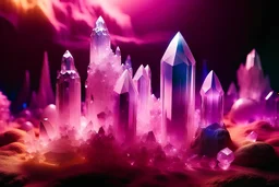 magnifici cristalli magici e fatati su sfondo aurora boreale rosa e viola